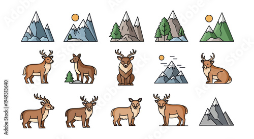 Mountain and deer vector illustration set