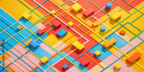 Abstract composition of colorful geometric shapes and intersecting lines on a vibrant background