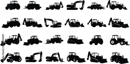 Construction machinery silhouettes vector set, excavator loader bulldozer and tractor heavy 