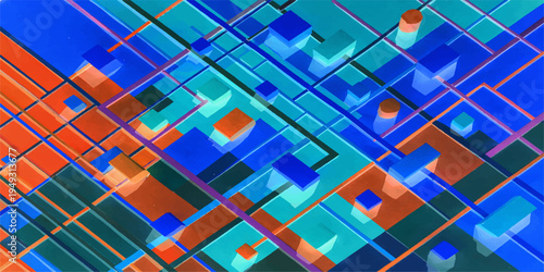 Abstract digital composition featuring a complex grid of intersecting lines and geometric blocks