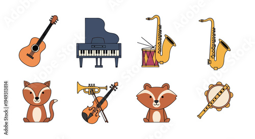 Musical instruments and fox cartoon vector