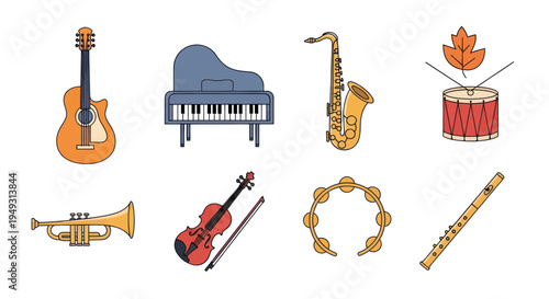 Musical instruments collection icon set