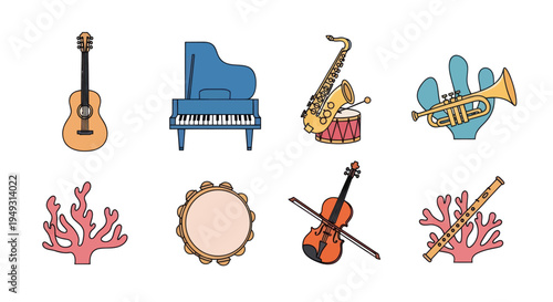 Musical instruments collection on white