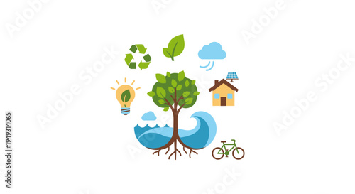 Sustainable Environment & Eco-Friendly Lifestyle Concept with Green Energy Icons. Renewable Resources and Nature Conservation Graphic.