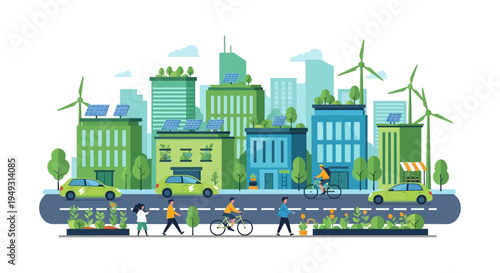 Sustainable Green City Illustration: Urban Landscape with Renewable Energy, Electric Vehicles, and Eco-Friendly Pedestrians & Cyclists.