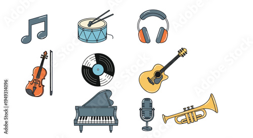 Musical instruments collection on white
