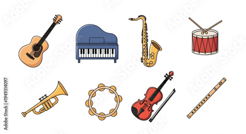 Musical instruments collection on white