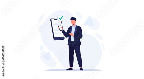 Man in Suit Holding Smartphone with Check Mark, Business Success Concept