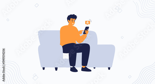 Man sitting on sofa using smartphone with notification icon, smart home concept