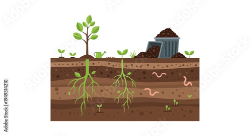 Healthy Soil Ecosystem Diagram: Plant Growth, Roots, Earthworms, and Organic Composting Process