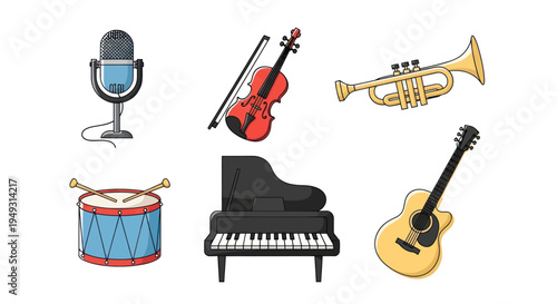 Musical instruments collection on white