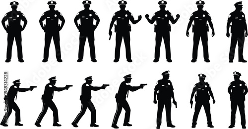 Police Officer Silhouettes Collection Set of Law Enforcement Figures in Various Poses Including Standing Patrolling Aiming Weapon and Guarding CAD Drawing Flat Vector Illustration