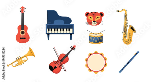 Musical instruments collection on white