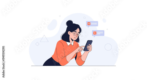 Young woman using smartphone, receiving notifications, flat illustration