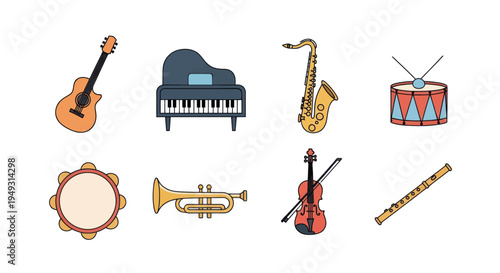Musical instruments collection on white
