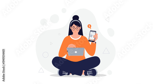 Woman with Laptop and Phone, Working Remotely, Online Business, Freelancer