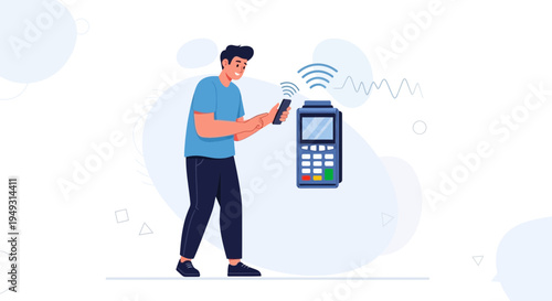 Man making contactless payment with smartphone and payment terminal
