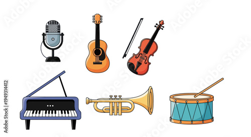 Musical instruments collection on white