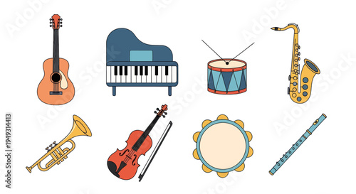Musical instruments collection on white