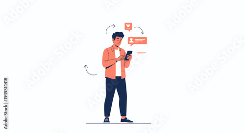 Man using smartphone, social media notifications, likes, messages, communication concept