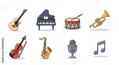 Musical instruments collection on white
