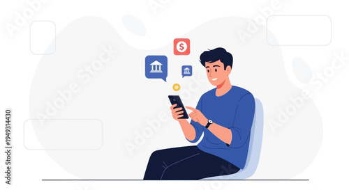 Man using smartphone for online banking and financial transactions, digital money transfer