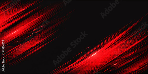 Dynamic red light streaks creating a high speed motion effect on a deep black textured background