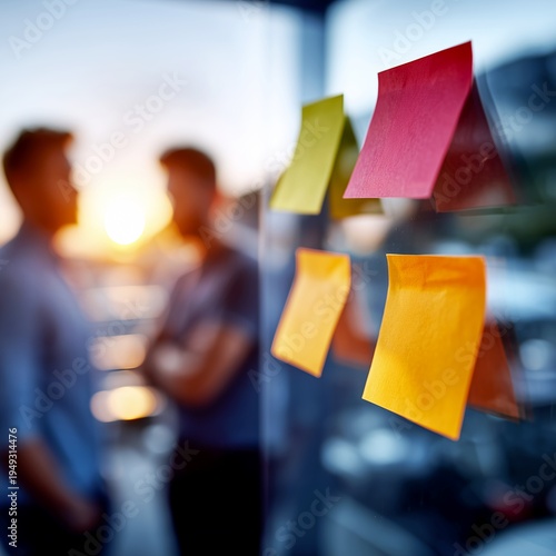 Brainstorming session in modern office with sticky notes and creative team