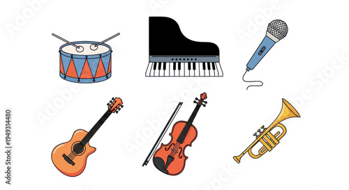 Musical instruments collection on white