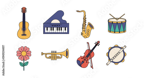 Musical instruments collection on white
