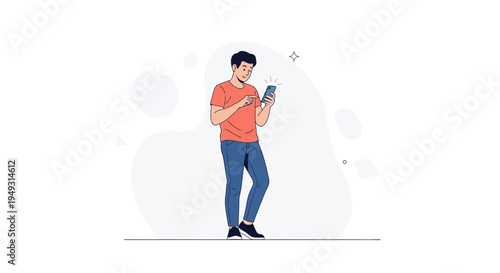 Young man in casual clothes using smartphone, modern flat illustration style