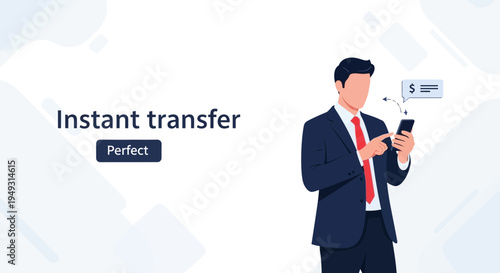 Businessman using smartphone for instant money transfer, financial technology concept