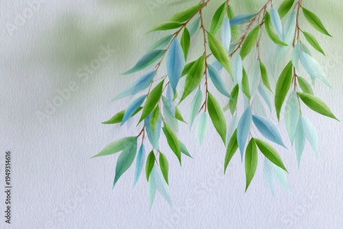 willow branches hanging down, their leaves painted in shades of green and blue
