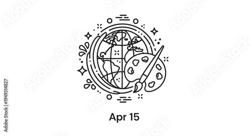 Line art illustration of planet Earth with paintbrush and palette, celebrating art and global creativity, isolated on transparent background