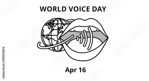 World Voice Day illustration with globe and open mouth speaking, isolated on transparent background