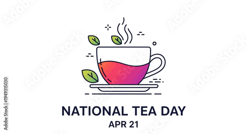 Steaming cup of tea with leaves and steam, line art icon style, isolated on transparent background