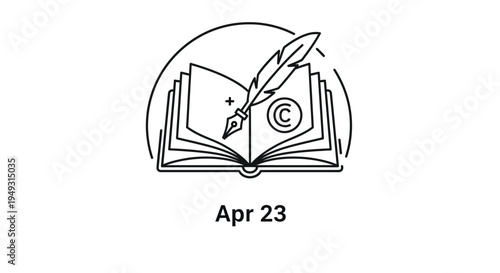 line art icon of an open book with a feather quill pen isolated on transparent background