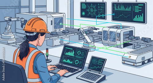 Female engineer monitors automated factory production line on computers.