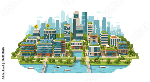 Sustainable Smart City Vector Illustration: Green Buildings, Solar Panels, Wind Turbines, and Eco-Friendly Urban Development