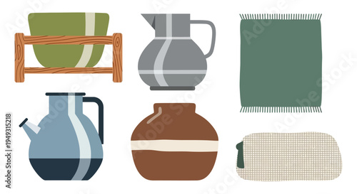 Cozy Home Decor & Household Objects Collection. Flat Design Illustration of Rustic Kitchenware, Pottery, and Textiles on White Background.