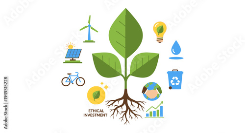 Ethical Investment Driving Sustainable Growth: Green Economy, ESG, and Renewable Energy Icons