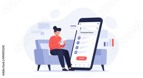 Woman using mobile app for finance management while relaxing on sofa