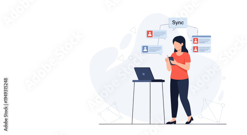 Woman Syncing Data on Phone and Laptop, Digital Connection Concept