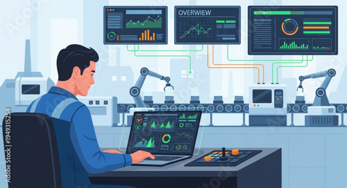 Man working on laptop in automated factory control room.