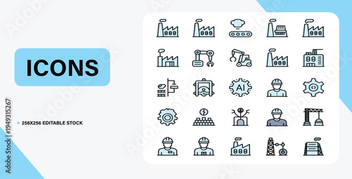 Industrial Icons Collection: A comprehensive set of neatly designed icons, perfect for representing various facets of industry, featuring symbols of factories, robots, and gears.