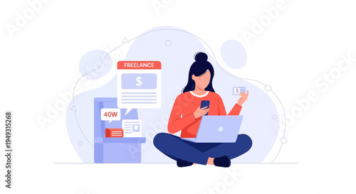 Freelancer working remotely with laptop and phone, online income concept
