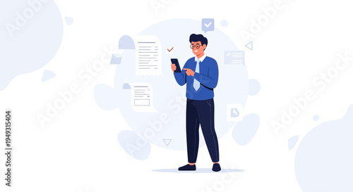Man checking smartphone with documents and checkmarks, business concept illustration