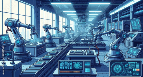 Automated Factory Assembly Line with Robotic Arms and Digital Displays.