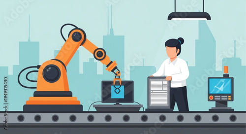 Robotic arm and worker on factory assembly line.