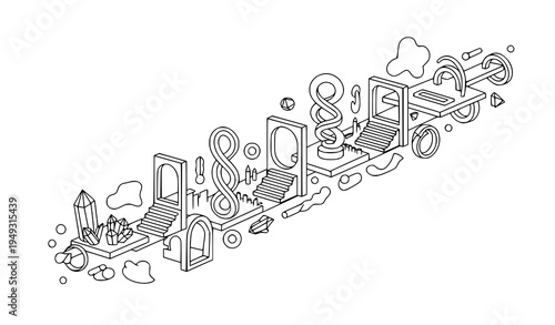 Surreal abstract stairs and portals psychedelic geometric dimension modern outline vector illustration